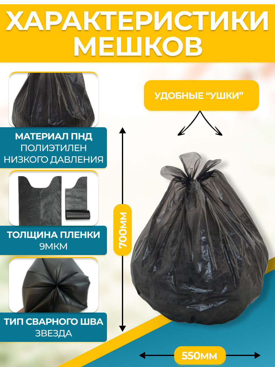 Мешки для мусора с ушками в рулоне Крепакоф 60 л, 20 шт