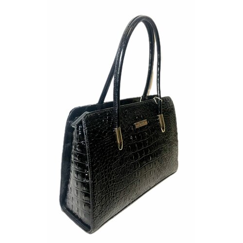 Сумка тоут Tosoco, фактура лаковая, под рептилию, черный