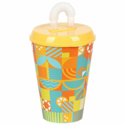 Стакан 420 мл, пластик, IZI-GO, Геометрия, с трубочкой, с крышкой, с декором, 0403/01