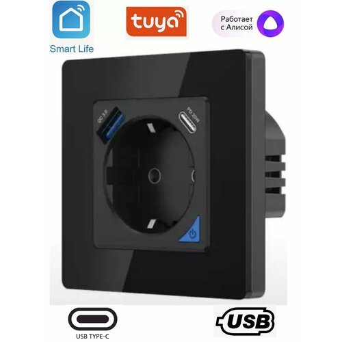 фото Умная розетка wifi встраиваемая с usb и type-c черная