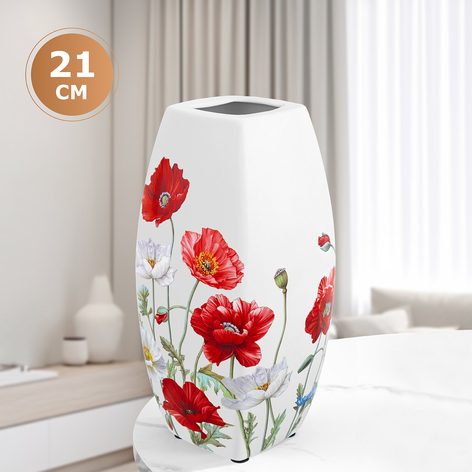 Ваза настольная 15 л 11х11х21 см Elan Gallery Маки квадратная