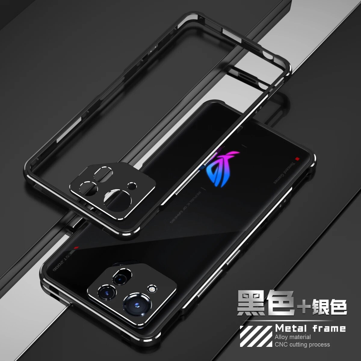 Чехол-бампер для Asus ROG Phone 8 Pro, яркий металлический бампер из алюминиевого сплава для Asus ROG8 ROG 8 Pro, Black Silver, Asus ROG Phone 8, Bumper With Lens