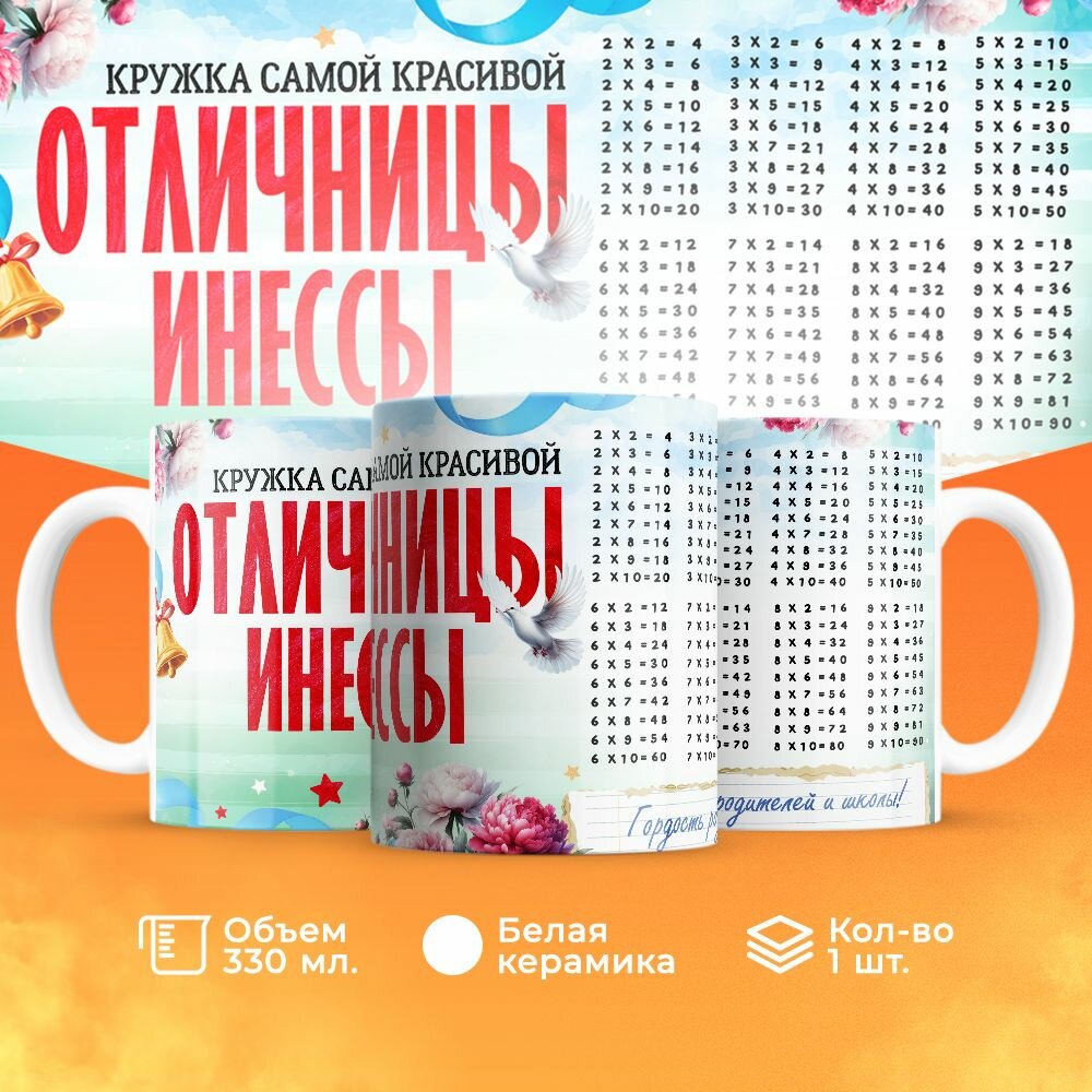 Кружка, "Самой красивой отличницы Инессы", на день рождения дочки, в подарок для девочки, внучки с таблицей умножения 330 мл