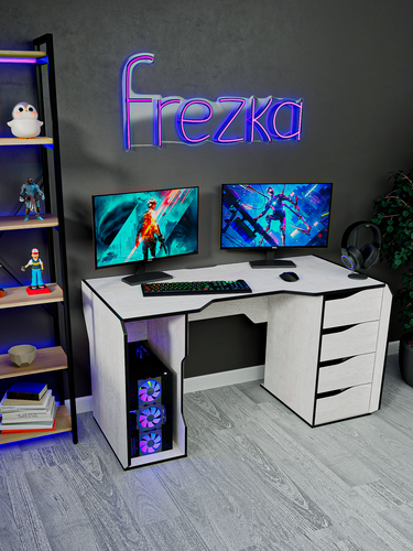 Изображение товара Стол компьютерный игровой большой стол Frezka "SPACE MOON", ЛДСП, серый/белый, 140х75х70 см с тумбой