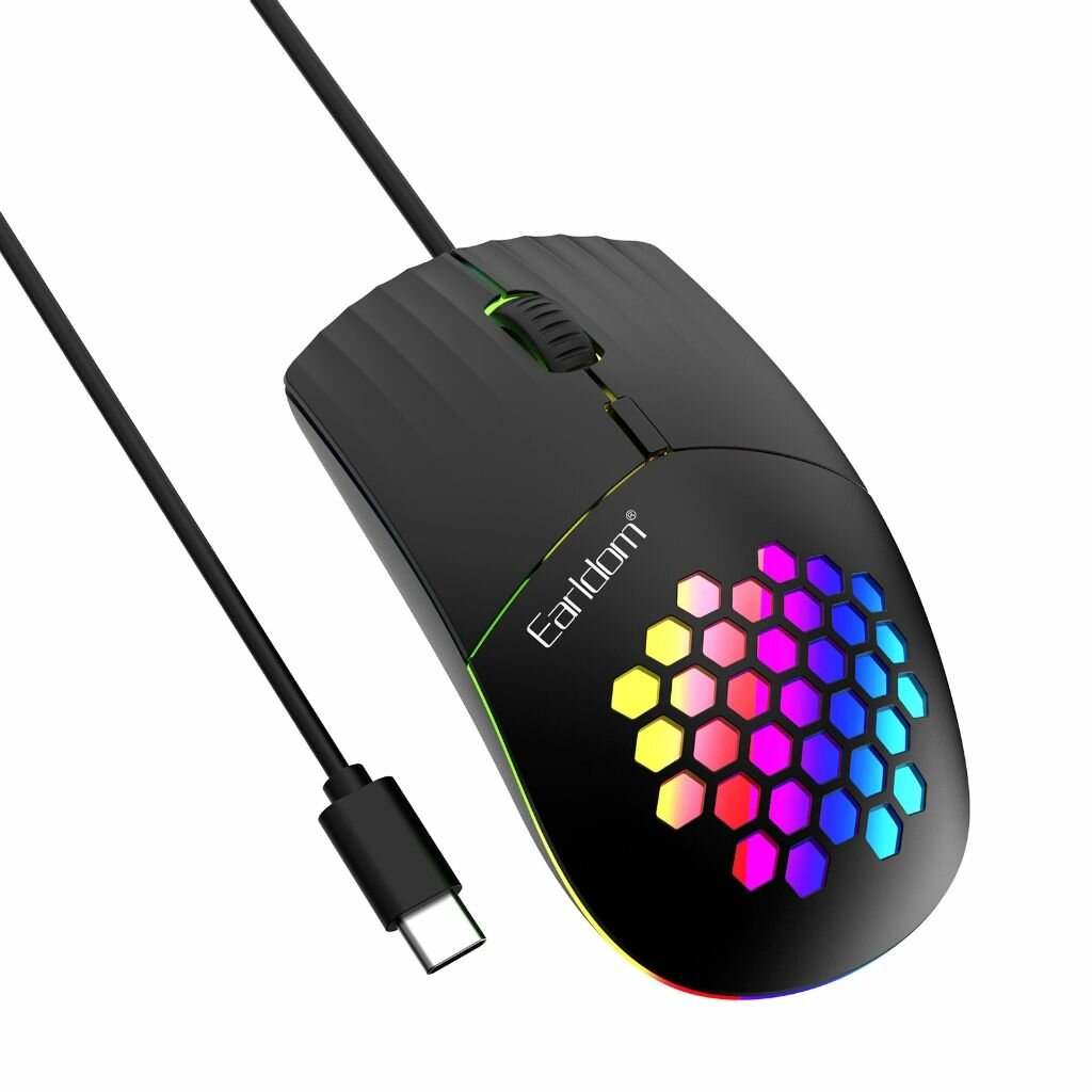 Игровая мышь с проводным портом Type C и люминесцентным отверстием в виде сот