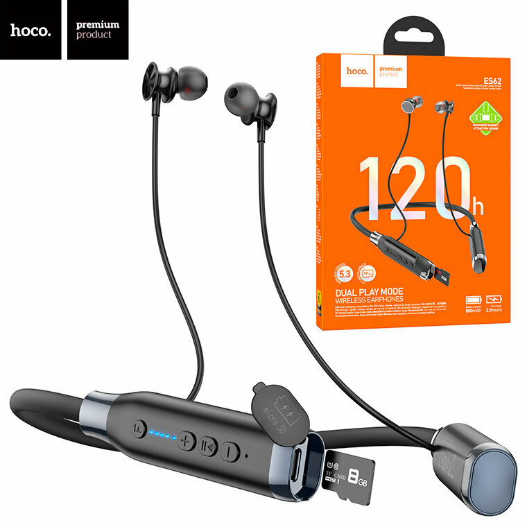 Hoco ES62 Bluetooth наушники – 800 мАч, 120 ч, магнит, SD-карта, спортивные гарнитуры