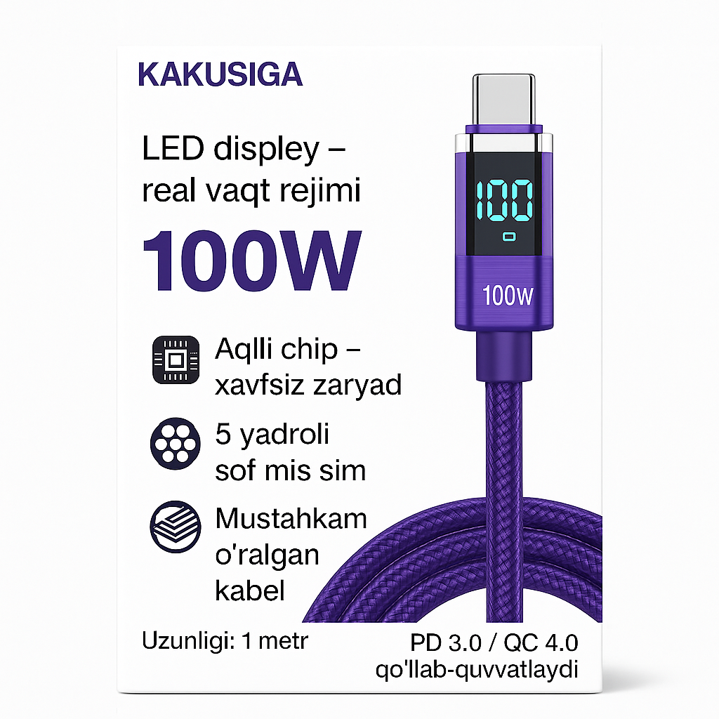 Кабель Kakusiga Type-C 100 Вт, светодиодный дисплей, быстрая зарядка и передача данных, 1 метр, фиолетовый