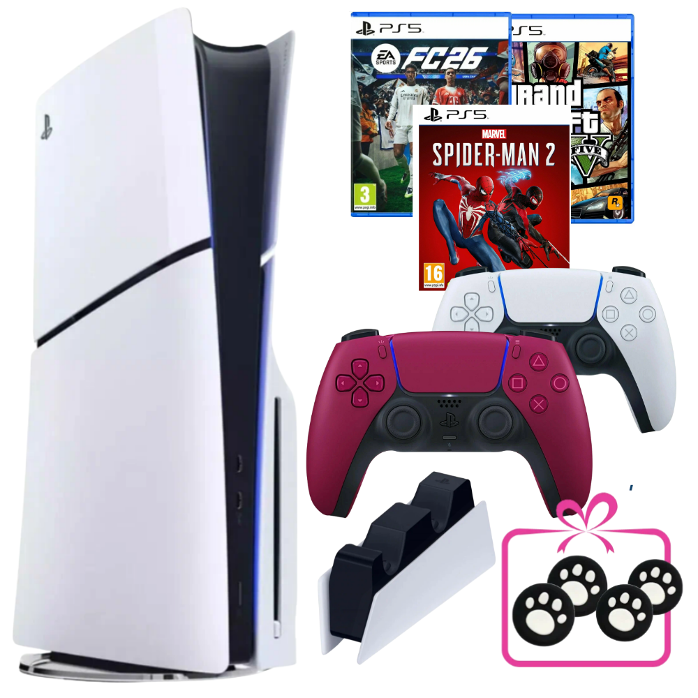 Игровая приставка PS5 Slim с дисководом, второй геймпад красный, FIFA 26 (новинка), GTA 5, Человек-паук 2, зарядная станция
