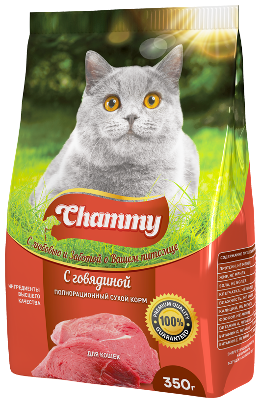 Полнорационный сухой корм Chammy для кошек с говядиной, 350 гр*4 шт