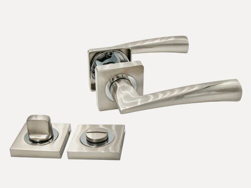 Изображение товара Ручка дверная межкомнатная, поворотная, нажимная Vilardi Надин SN + завертка дверная квадратная серебристый, матовый хром, никель