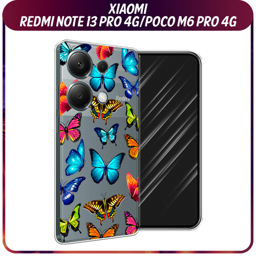 защищенный чехол для poco m6 pro 4g xiaomi redmi note 13 pro 4g защищенный чехол для поко м6 про 4джи сяоми редми ноте 13 про 4джи df poarmor 03 black Силиконовый чехол на Xiaomi Redmi Note 13 Pro 4G/Poco M6 Pro 4G / Сяоми Редми Нот 13 Про 4G/Поко М6 Про 4G Разные бабочки, прозрачный