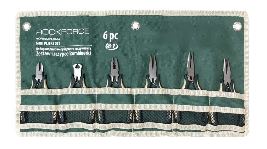 Набор шарнирно-губцевого инструмента мини 6пр. 5"-125мм(бокорезы, плоскогубцы-2шт, утконосы прямые/изогнутые, кусачки торцевые), на полотне Rock FORCE RF-50615