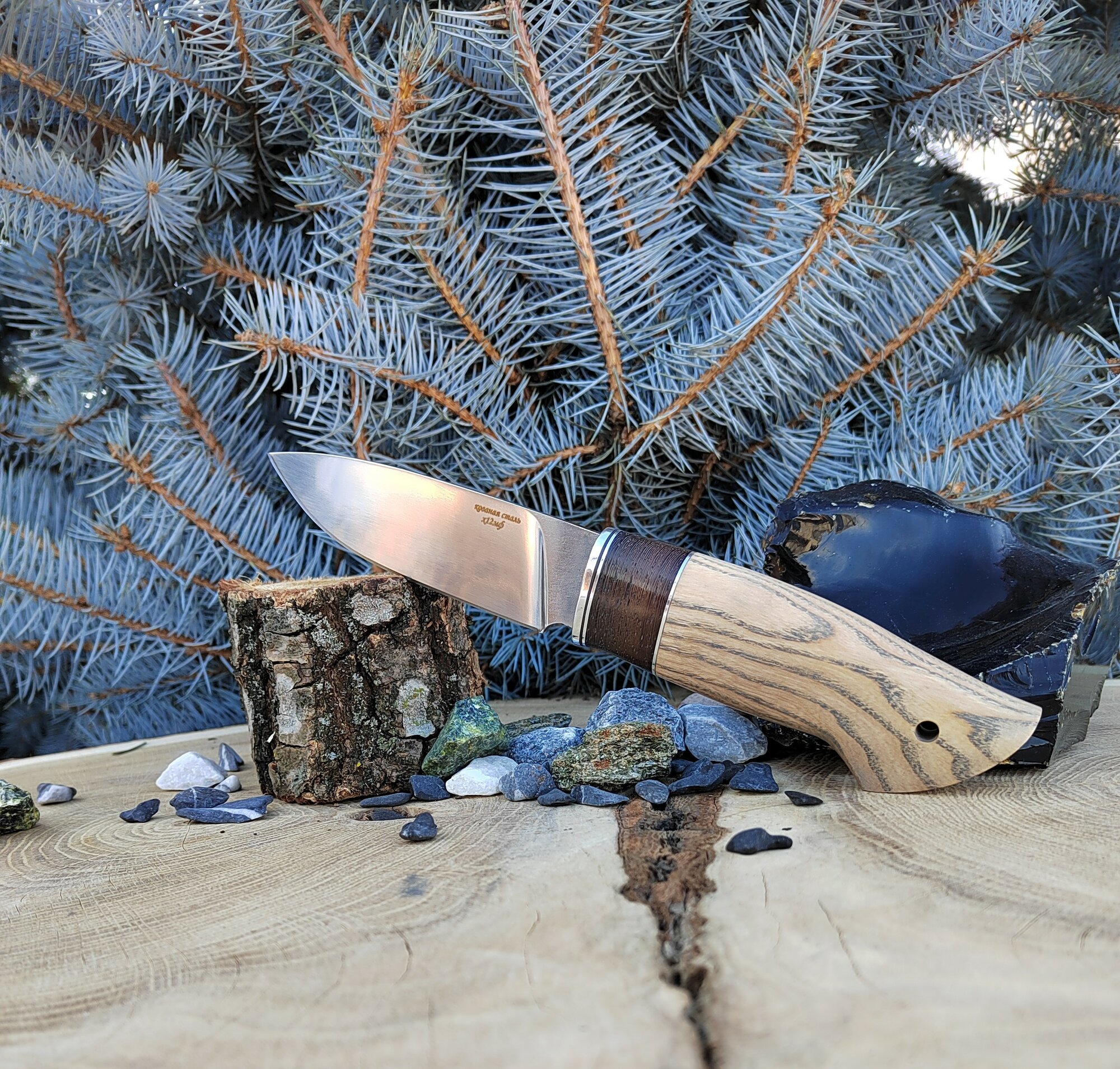 Нож охотничий "Бизон 1" с кожаным чехлом , кованная сталь х12мф, шкурник разделочный, универсальный