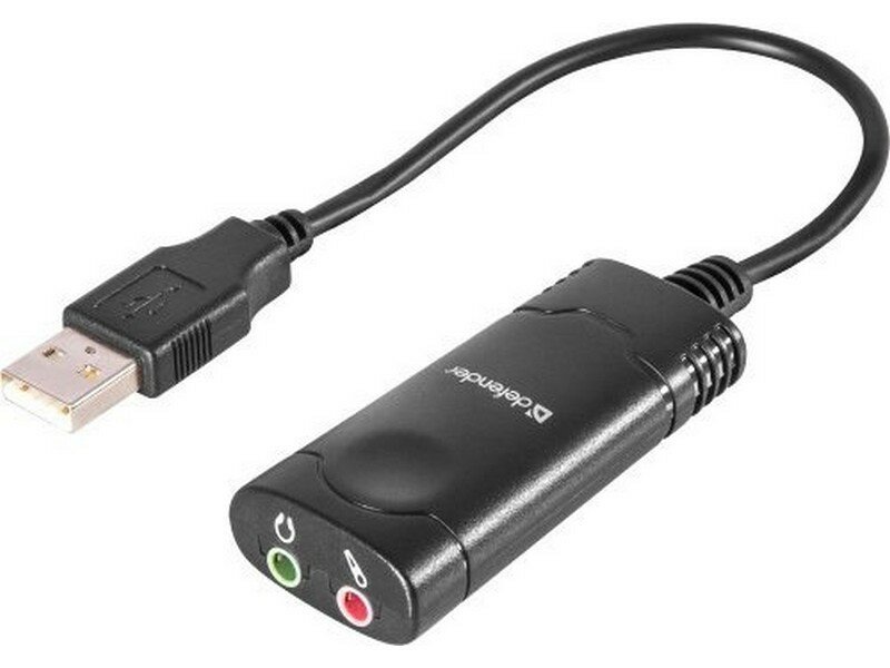 Кабель-переходник Defender / Аудиовход: 2 x 3.5 мм jack/ Аудиовыход: USB / встроенная звуковая карта. (63002)