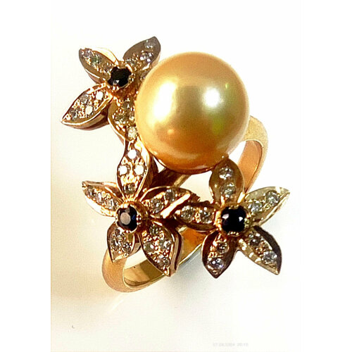 Кольцо Эстерелла, желтое золото, 750 проба, сапфир, жемчуг, бриллиант, размер 17.5