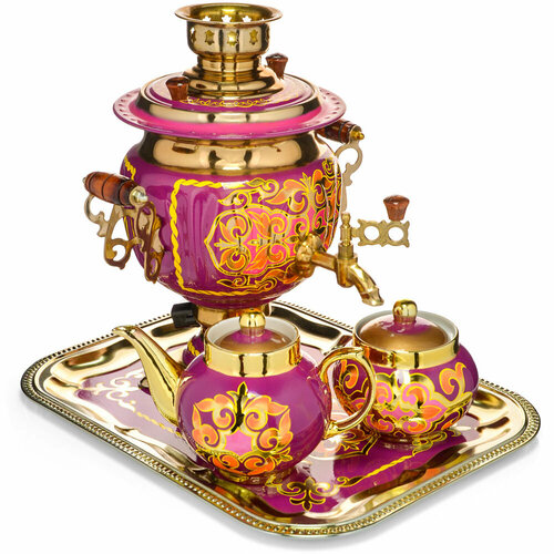 Самовар электрический с худ. росписью«Орнамент фиолетовый» 3 л. формы«Жёлудь в наборе из 4 предметов