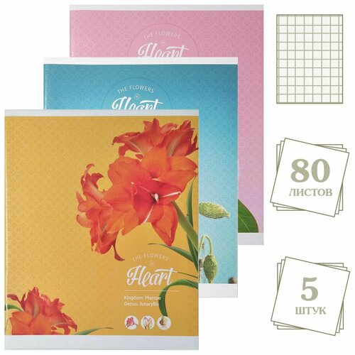 Тетрадь 80 листов, клетка Цветы Love&happiness, картонная обложка, три дизайна, 5 штук