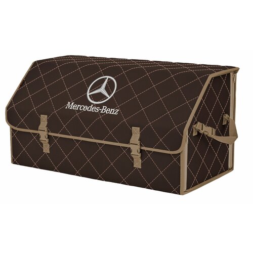 Органайзер-саквояж в багажник "Союз" (размер XL Plus). Цвет: коричневый с бежевой прострочкой Ромб и вышивкой Mercedes (Мерседес).