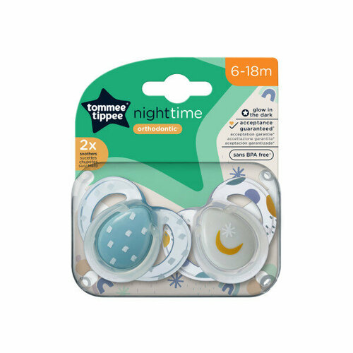 Cоска-пустышка Tommee Tippee силиконовая ночнаz Night Time, 6-18 мес, 2 шт. Luna соска пустышка tommee tippee силиконовая ночная night time 6 18 мес 2 шт синий фиолетовый