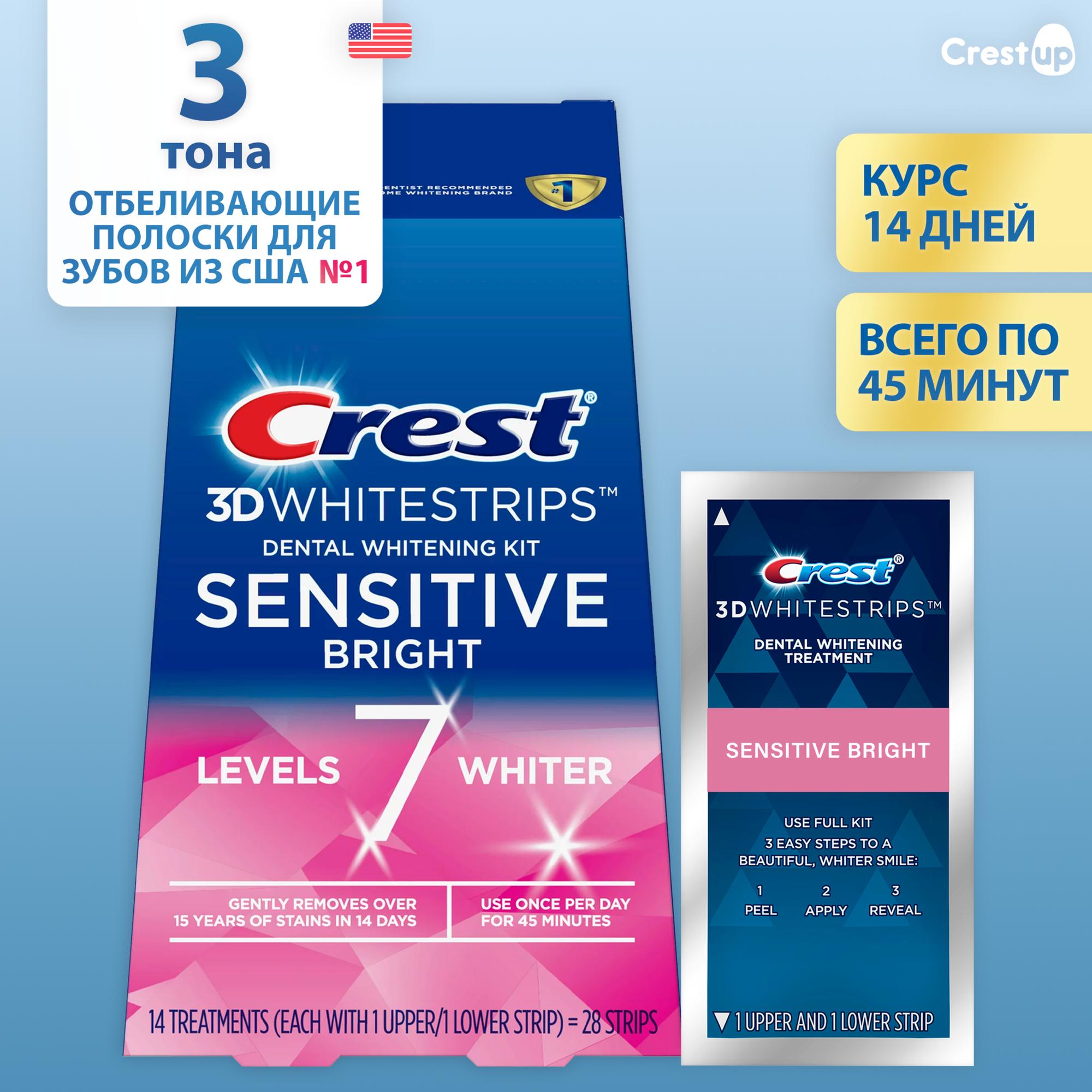 Курс 14 дней | Crest 3D Whitestrips Sensitive Bright – Отбеливающие полоски для зубов