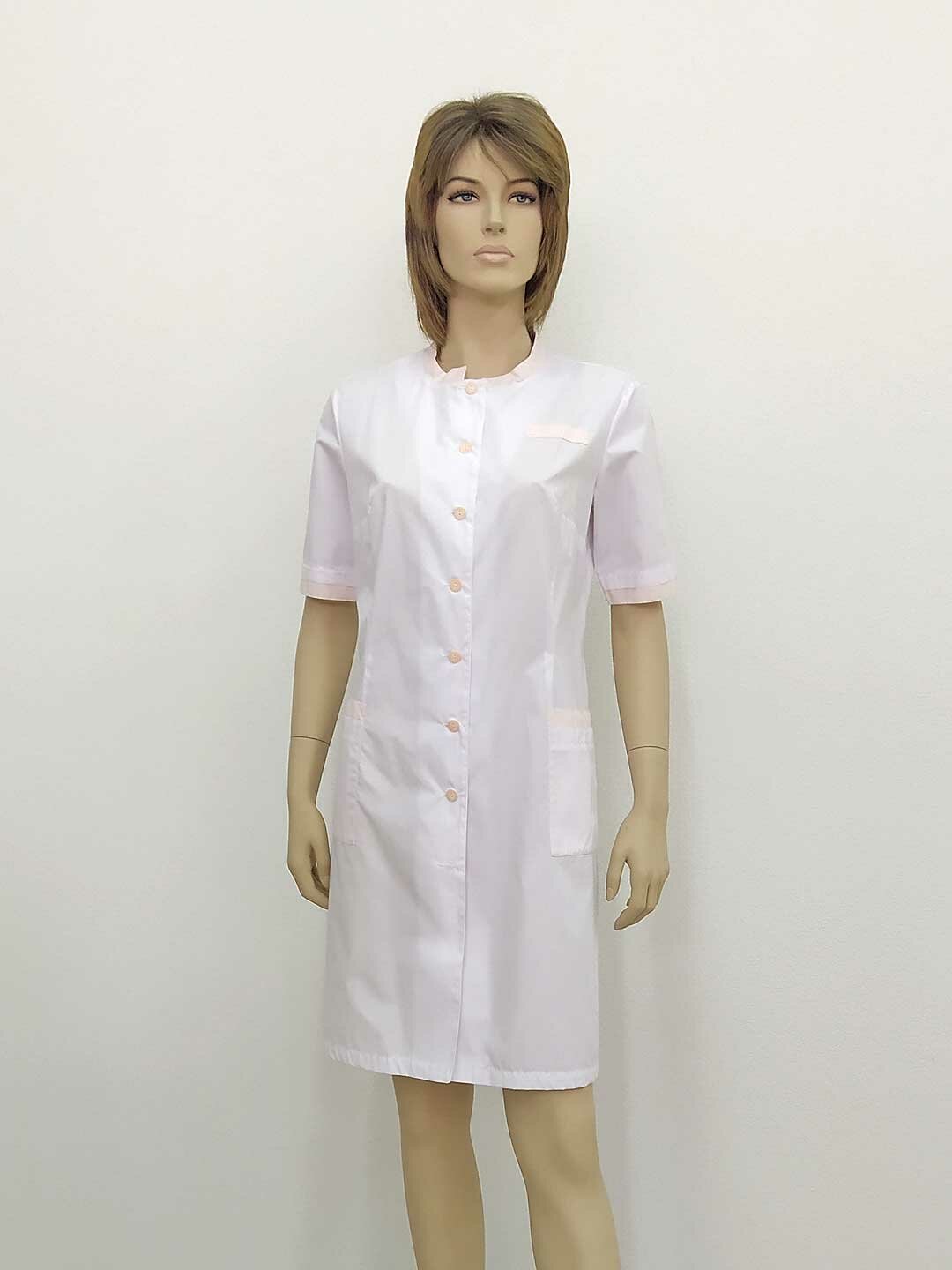 Халат женский, производитель Фабрика швейных изделий №3, модель М-572, рост 164, размер 46, ткань поликот, цвет белый с бежевой отделкой