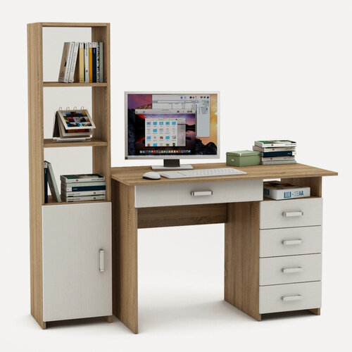 Изображение товара Стол письменный, компьютерный Лайт (Ньюкасл) 5Я с ящиком и стеллажом 145х60х149,2 см, Дуб сонома/Фасад белый