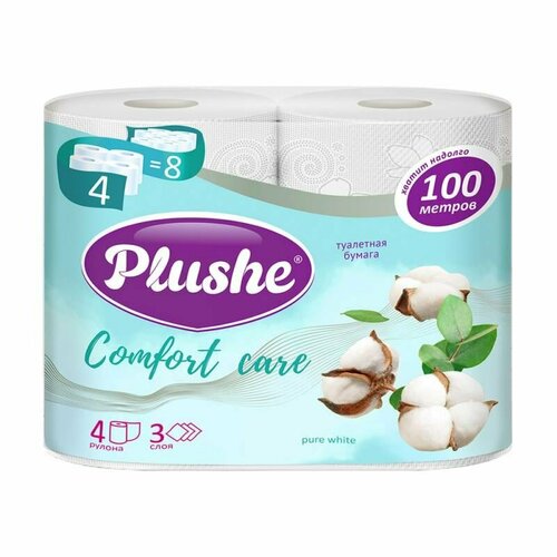 Туалетная бумага Plushe Comfort Care, 3 слоя, 4 рулона