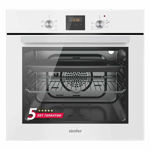 Электрический встраиваемый духовой шкаф Simfer ширина 60см 5 режимов работы конвекция гриль таймер часы 58 литров подсветка 2 противня хромированная решётка 5 лет гарантии белый 3695600₽