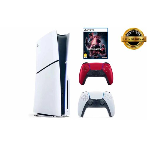 Игровая приставка Sony PlayStation 5 Slim, с дисководом, 1 ТБ, два геймпада (белый и красный), Tekken 8 игровая приставка sony playstation 5 slim с дисководом 1 тб два геймпада зарядная станция