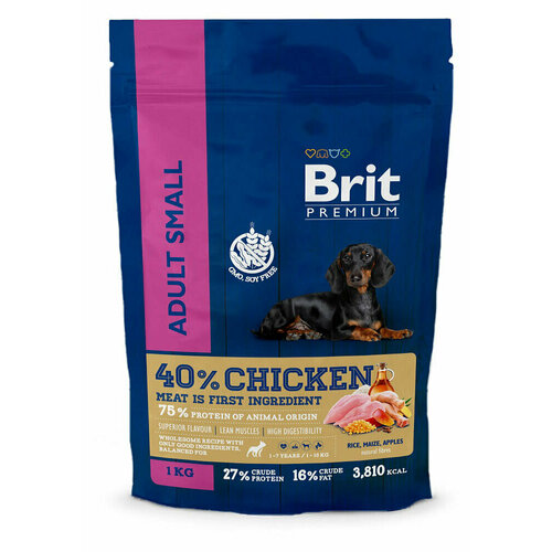 Сухой корм для собак Brit Premium Adult S курица, 1 кг , 2 шт дилли полнорационный сухой корм для собак мелких пород с курицей и индейкой 1 кг
