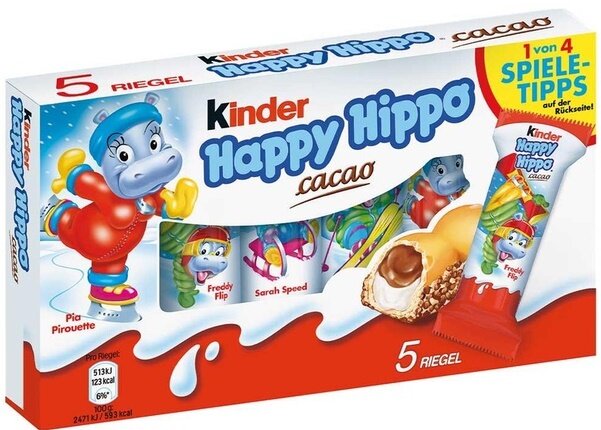 Шоколадно-молочное печенье Kinder Happy Hippo Cacao/Киндер Хеппи Хиппо со вкусом какао 104 гр. (Германия)