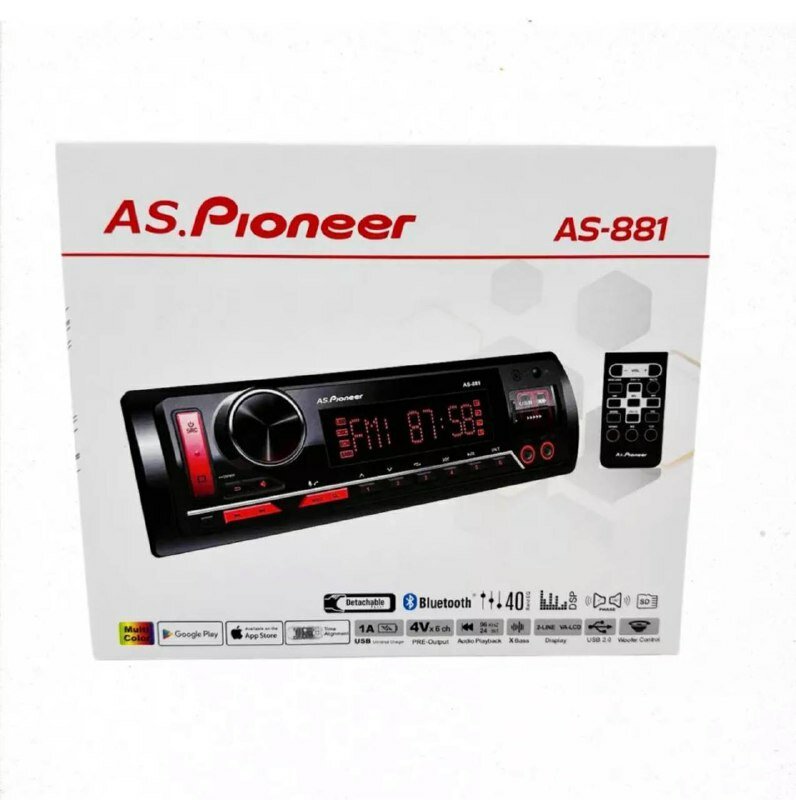 Автомагнитола для авто AS Pioneer 881 со съемной панелью Bluetooth AUX USB Управление с приложения