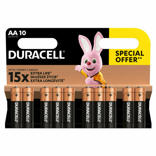 Батарейки комплект 10 шт, DURACELL Basic оригинал, AA (LR6, 15А), алкалиновые, пальчиковые золотистый, черный