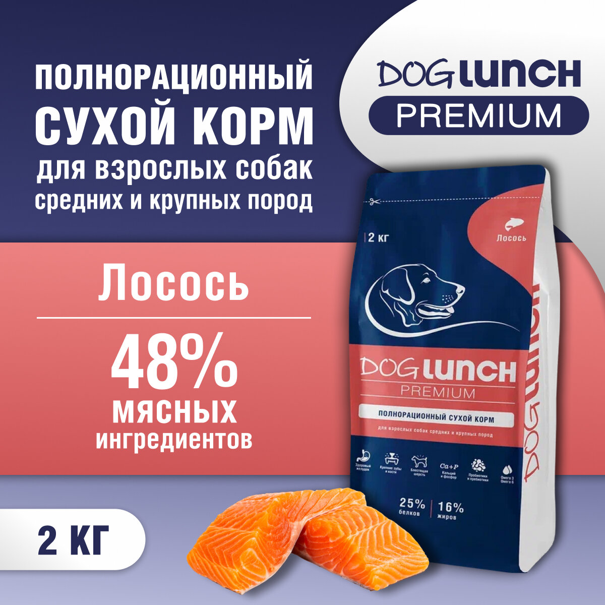 Корм сухой Dog Lunch Premium лосось для собак средних и крупных пород (2 кг)