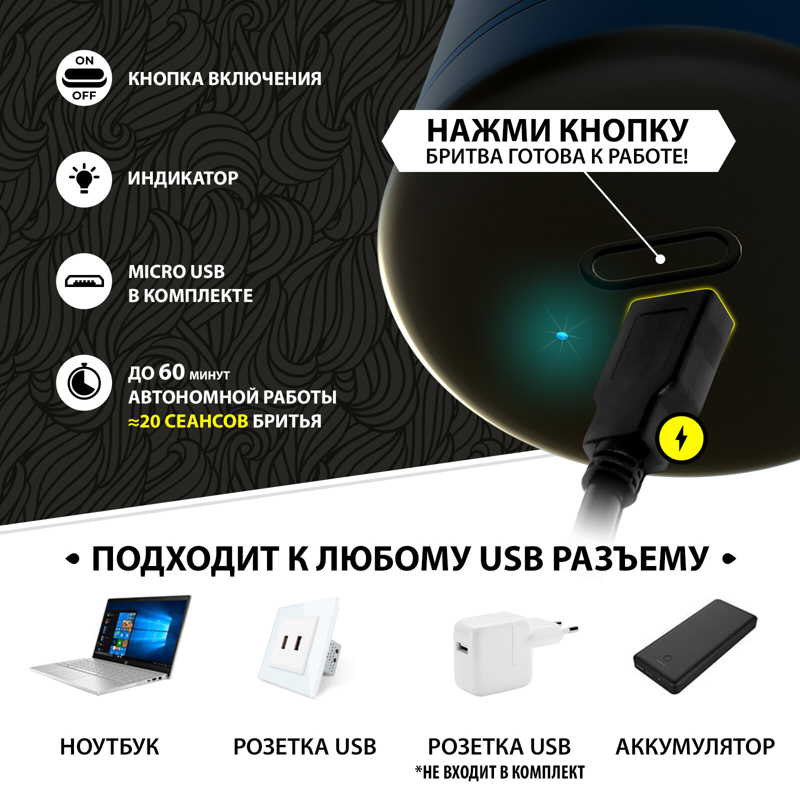 Электробритва компактная Manecode для ежедневного чистого бритья - Мужская мини бритва со встроенным аккумулятором - Электрическая зарядка по USB - Ультра-тонкая сетка с технологией Vortex 0,07 мм — фото 1