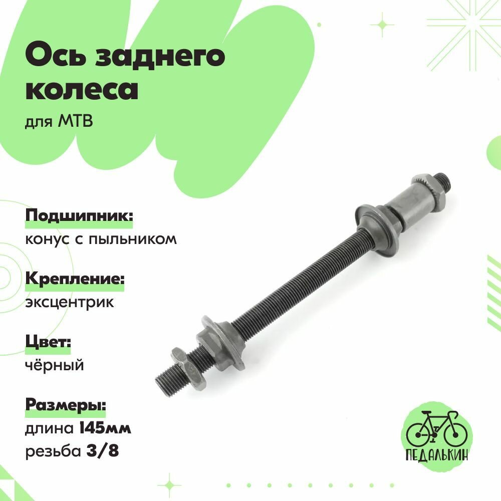 фото Ось заднего колеса, "МТВ", 3/8*145, черная, под эксцентрик, конуса с пыльниками Shunfeng