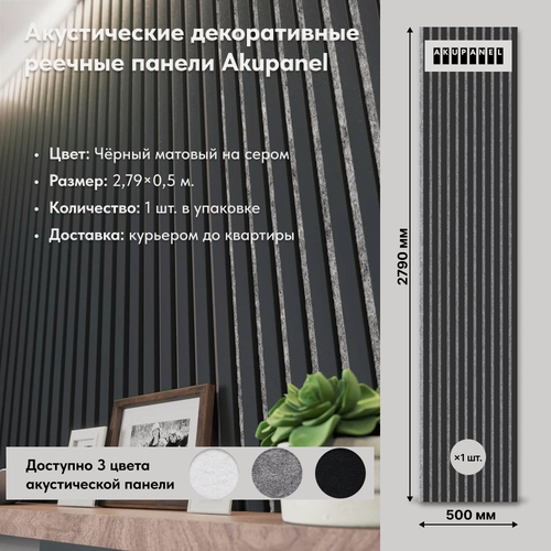 Изображение товара Акустическая реечная панель AKUPANEL - Декоративные рейки (Чёрный матовый) и серая акустическая панель Акупанель