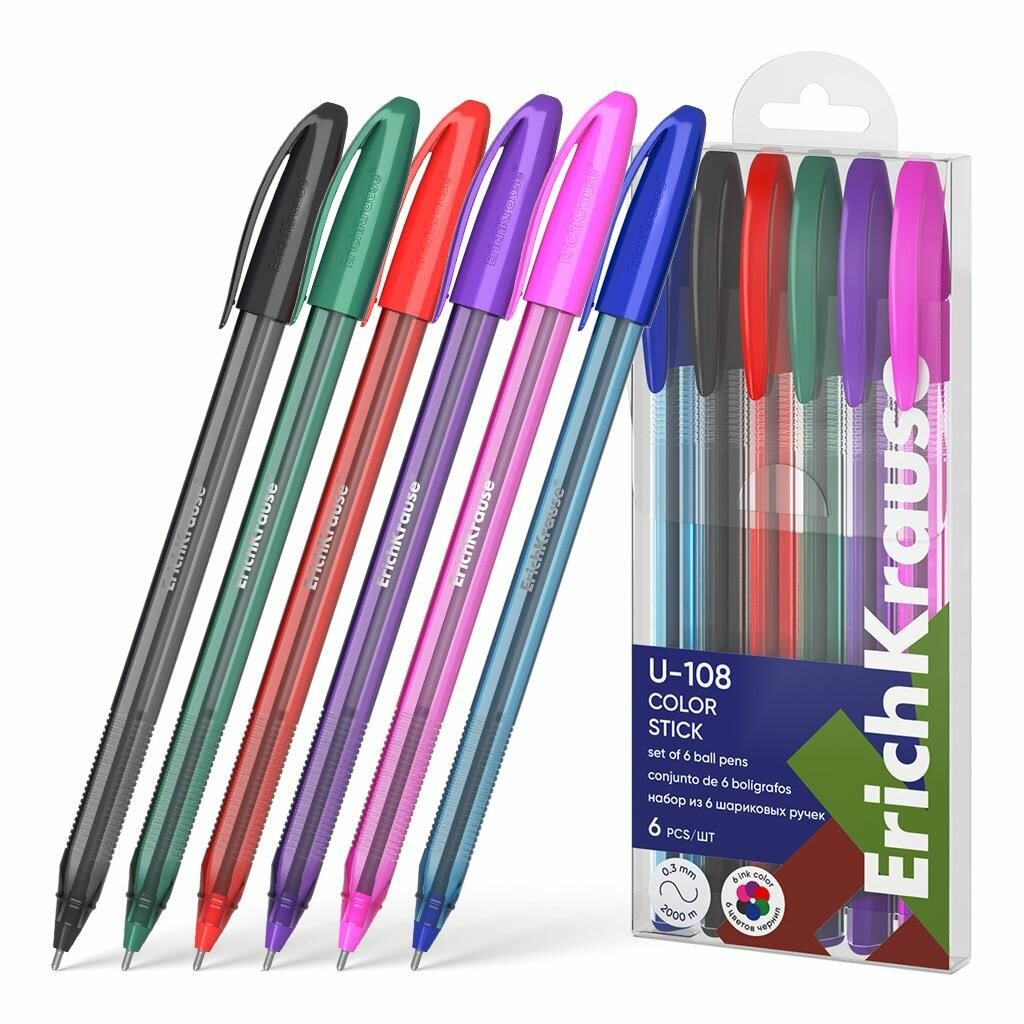 Ручки масляные набор 6 цветов ErichKrause U-108 Stick Color 1, 0мм (тонированный корпус) (п/упаковка с европодвесом), 1 шт