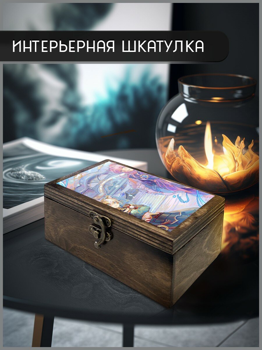 Шкатулка интерьерная для украшений универсальная 16x10x6 см Игра Genshin Impact (Геншин импакт, Цветы, Ху Тао, Албедо, Лиза, Сян Лин, Нилоу, Мона) - 808