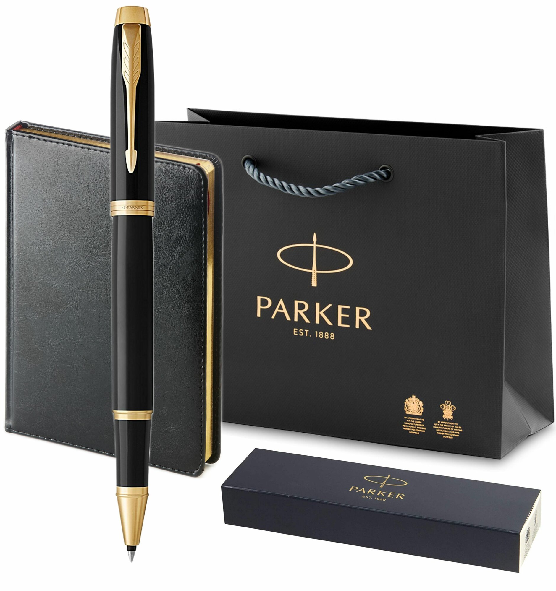 Набор ручка Parker IM Black GT, ежедневник черный с золотом