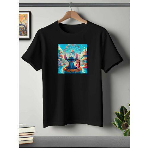 фото Футболка oneq унисекс 56-58 (3xl) размер с принтом стич, черная, размер 3xl, черный