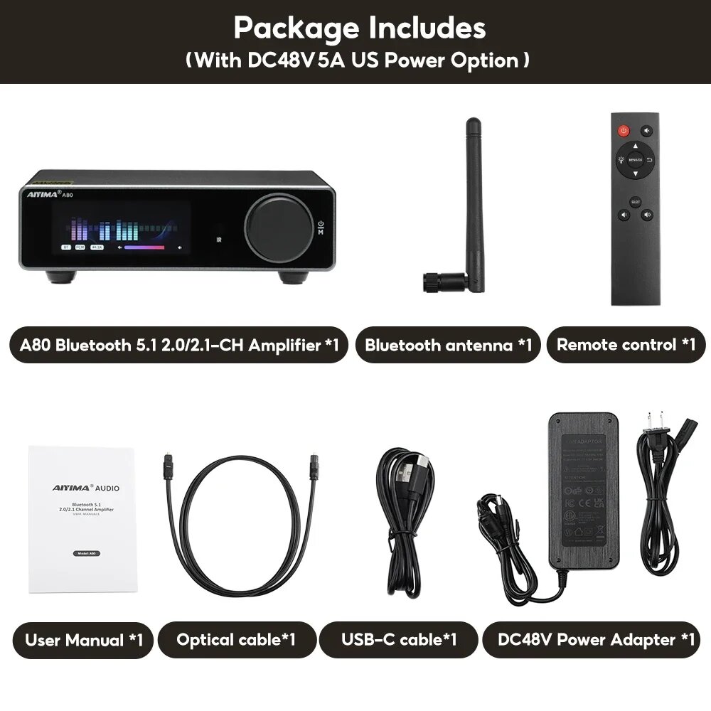 AIYIMA Audio A80 Bluetooth ЦАП Усилитель, A80 with 48V 5A US