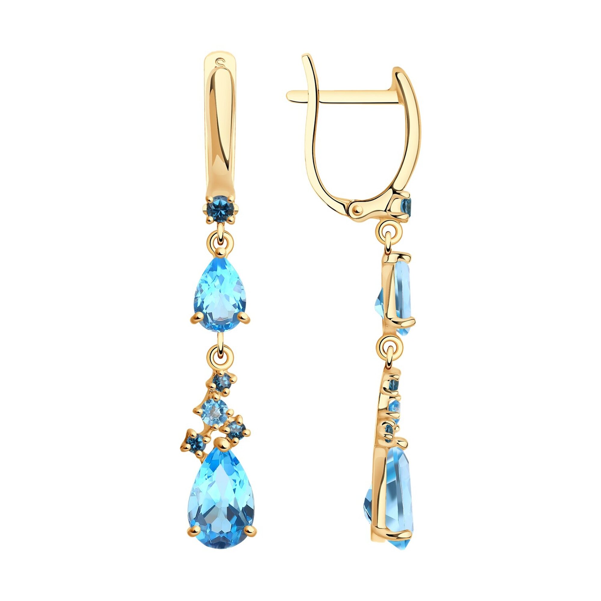 Серьги Diamant online, красное золото, 585 проба, Лондон топаз, топаз, фианит, длина 3.7 см, , голубой