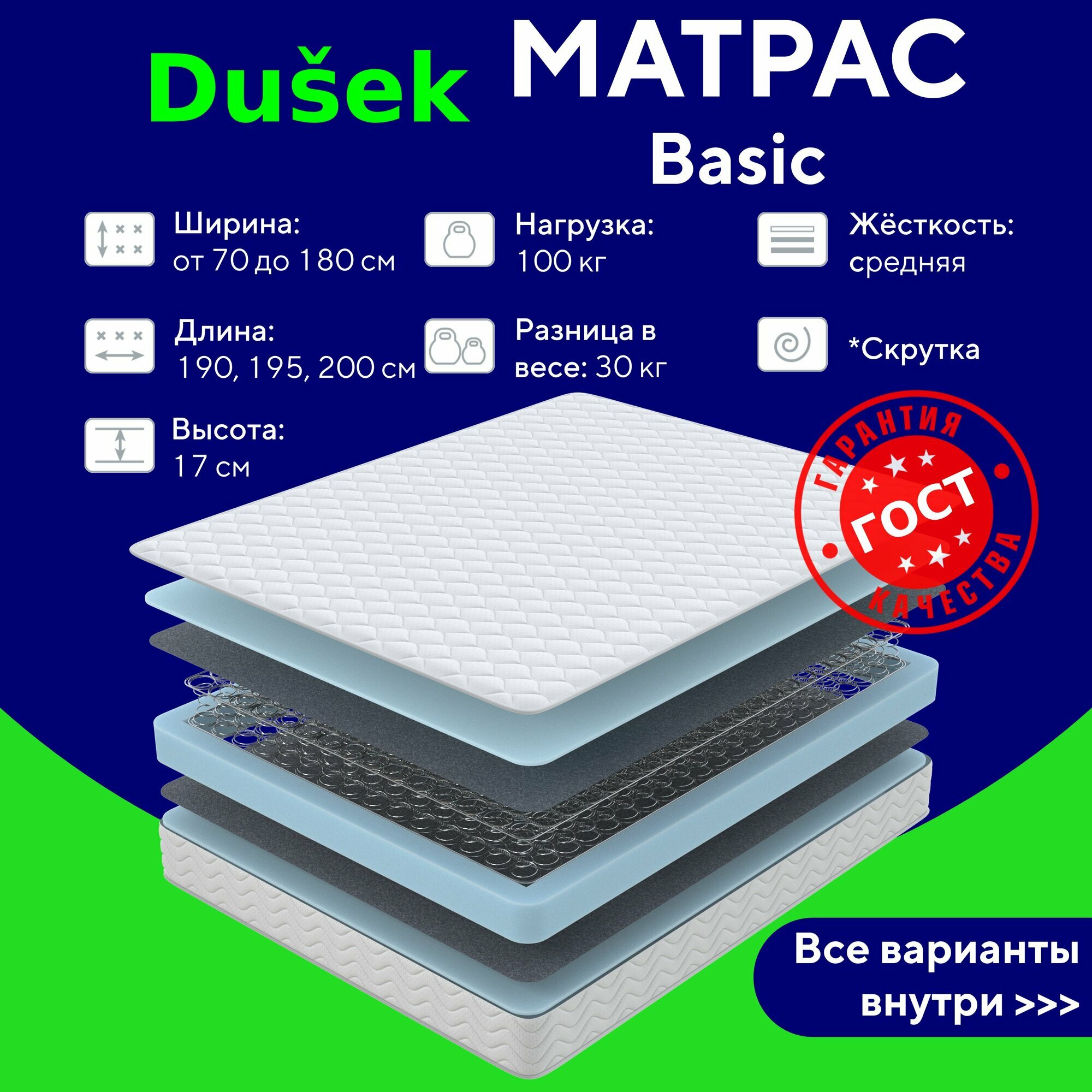 Двуспальный матрас 180х200 DUŠEK Basic M ортопедический эффект мягкий с блоком зависимых пружин