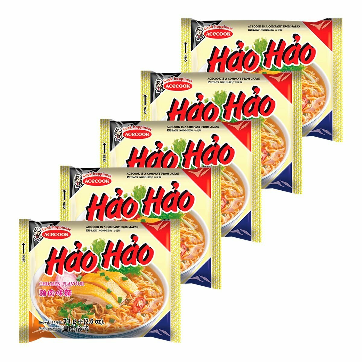Лапша быстрого приготовления Hao Hao со вкусом курицы Acecook, пачка 74 г х 5 шт