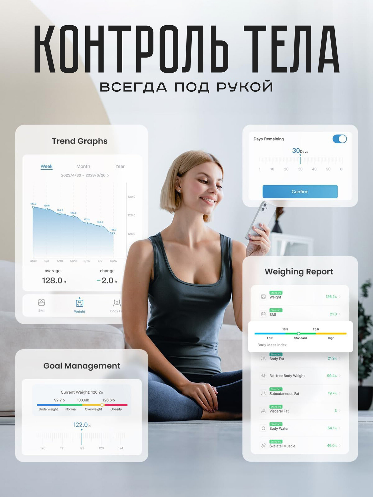 Весы напольные умные для коррекции веса, синхронизация со смартфоном Xiaomi, iPhone, Android, белые до 180 кг — фото 1