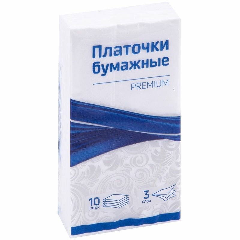 Картинки Платки бумажные носовые OfficeClean "Premium", 3-слойные, 18х20 см, белые, 10 пачек по 10 штук (279678)