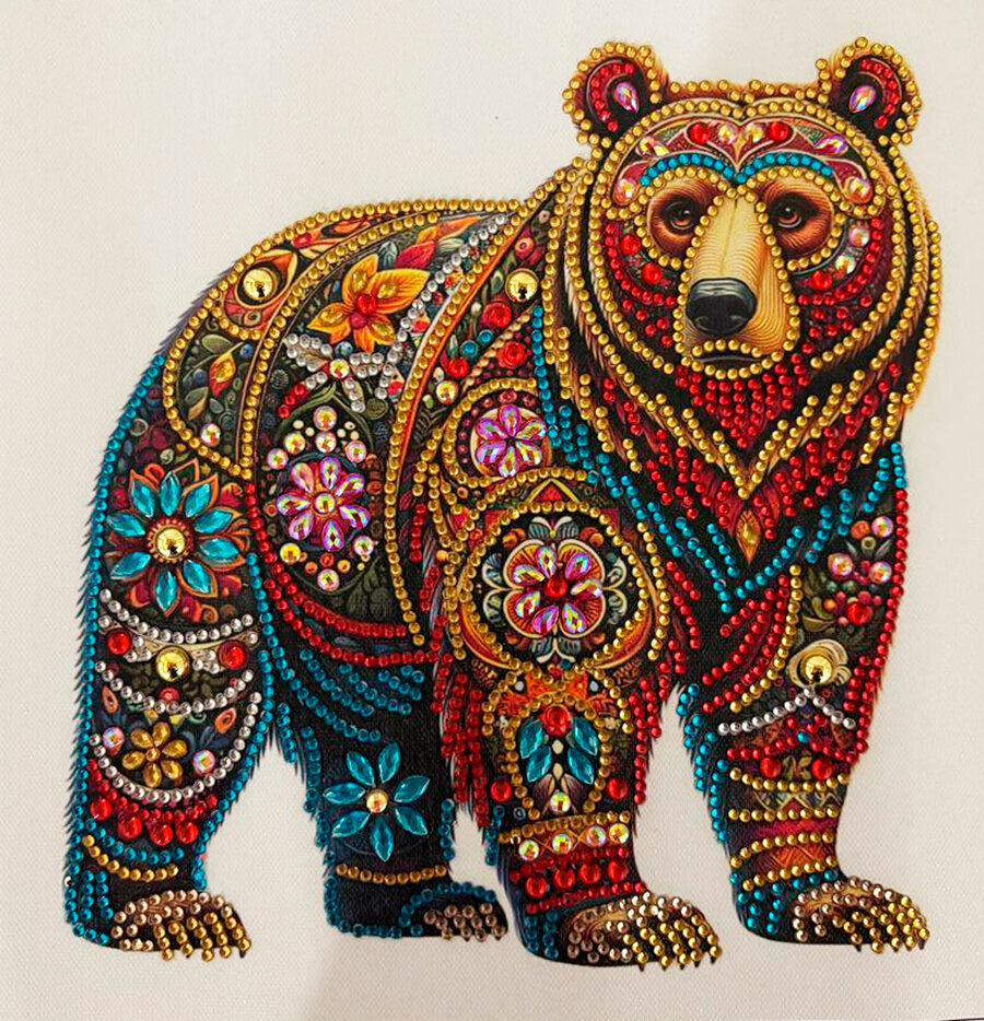 Алмазная мозаика без подрамника "Медведь" PSD023 частичная выкладка, размер полотна 30*30, размер выкладки 25*25