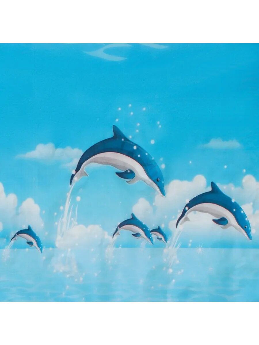 Морская шторка для ванной с дельфинами и облаками