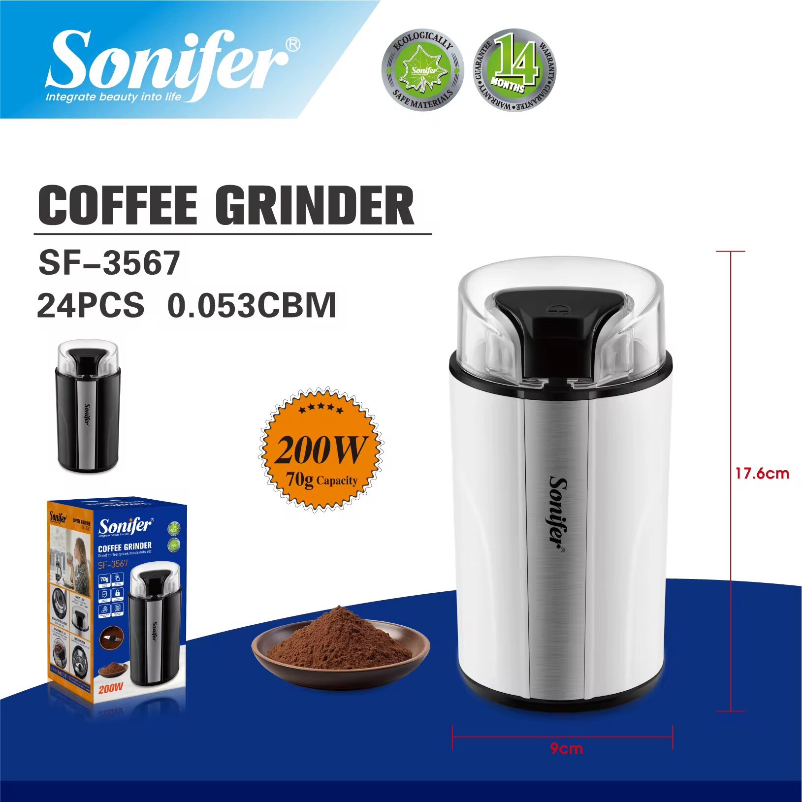 Кофемолка Sonifer SF-3567, мощность 200 Вт, 60 г, белая/чёрная